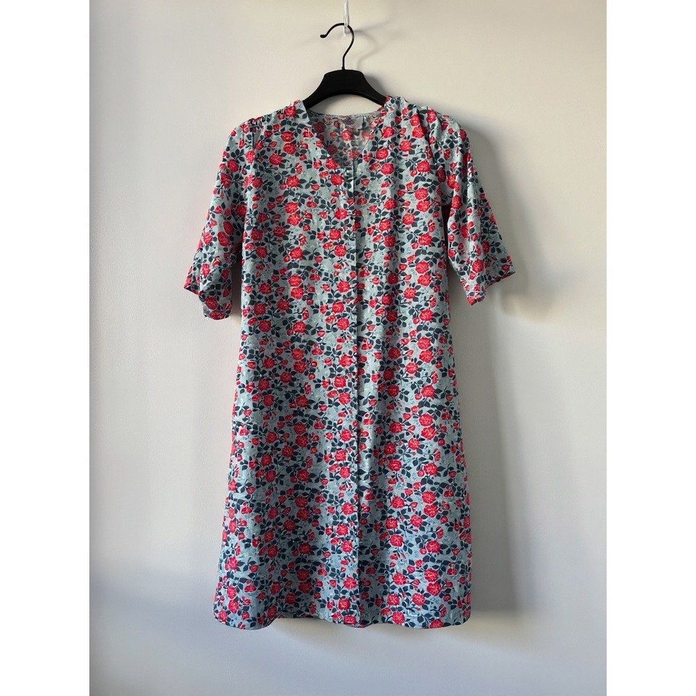 Silvert's Adaptive Floral‎ Dress Blue Red Grey Snap Front Open Back Medium